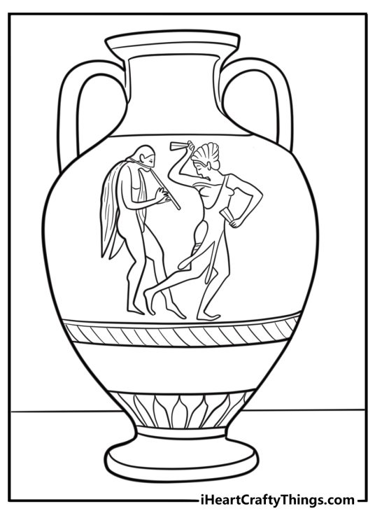 The Muses singing and dancing on a Greek vase design coloring page