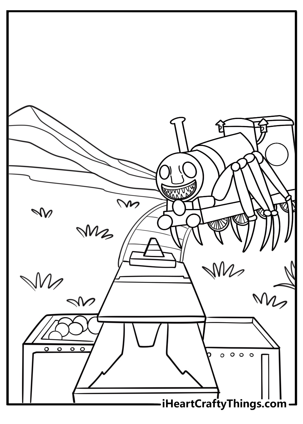 The player aiming a turret gun at Choo Choo Charles from their train coloring sheet