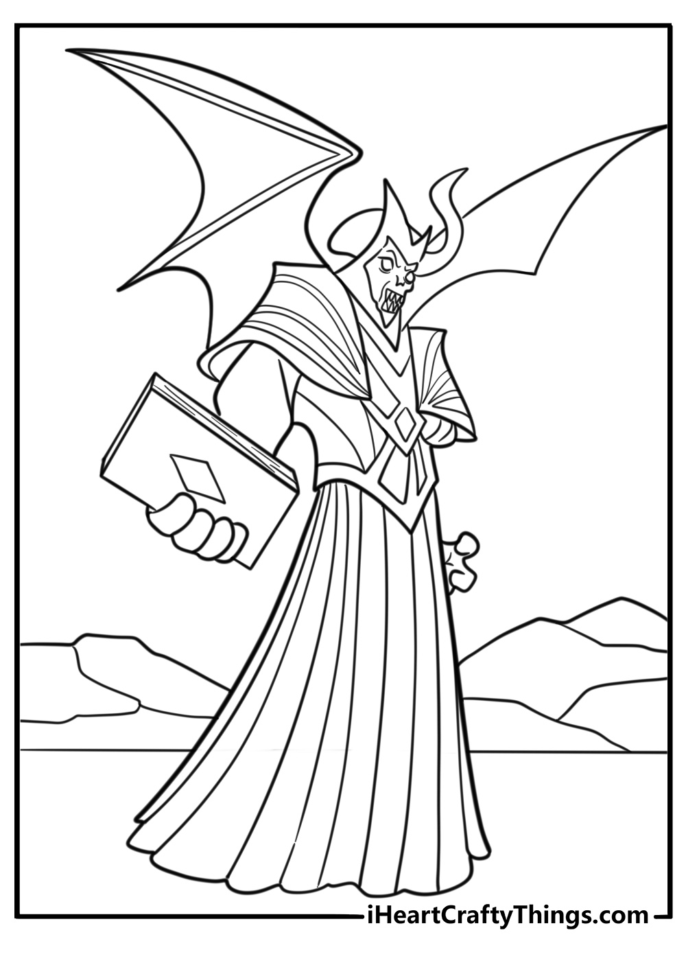 Tiefling warlock with glowing eyes and a spellbook coloring page