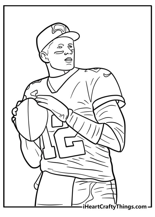 Tom Brady holding a football with both hands coloring page