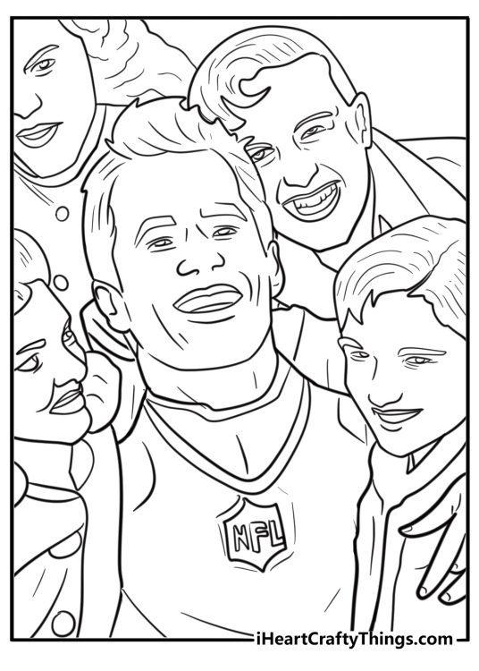 Tom Brady surrounded by fans in a stadium coloring page