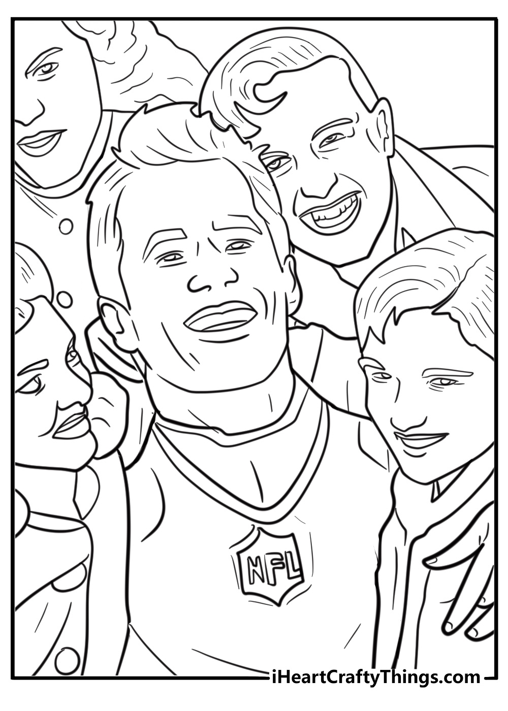 Tom Brady surrounded by fans in a stadium coloring page