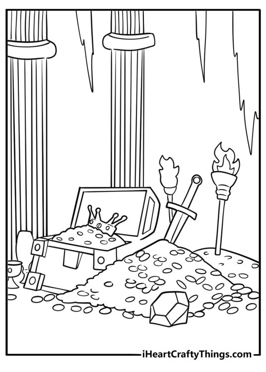 Treasure room with gold coins and magical items coloring page
