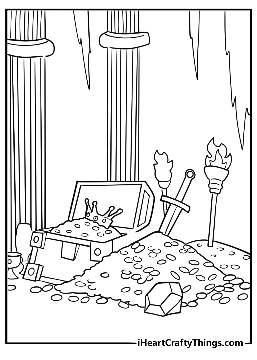 Treasure room with gold coins and magical items coloring page