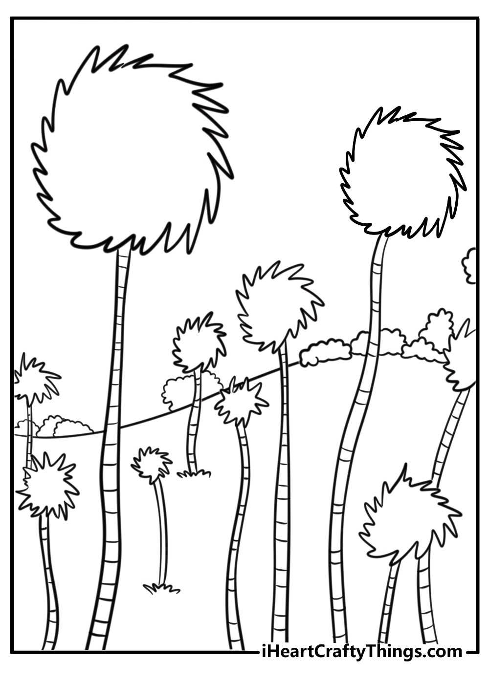 Truffula trees in a colorful forest coloring page