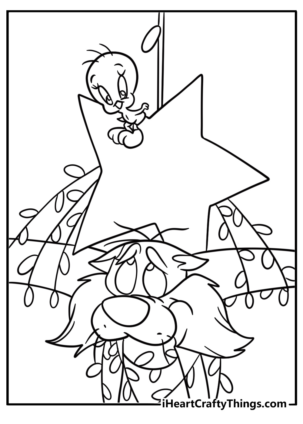 Tweety Bird and Sylvester stuck together in a mess printable coloring page