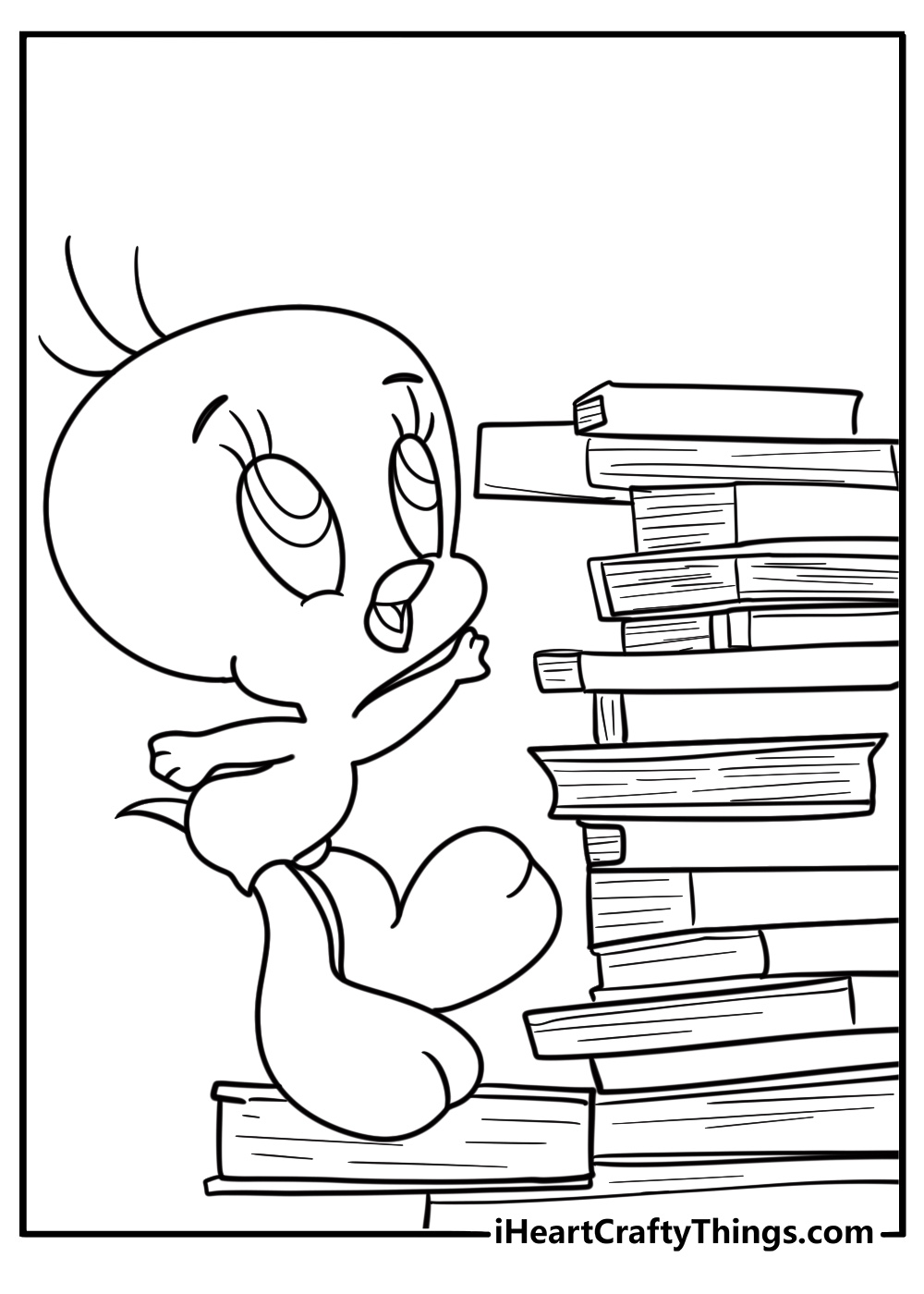 Tweety Bird climbing a stack of books to reach something coloring sheet