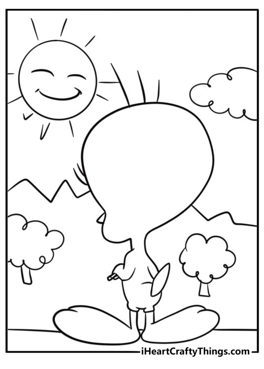 Tweety Bird drawing on the wall with crayons coloring page for kids