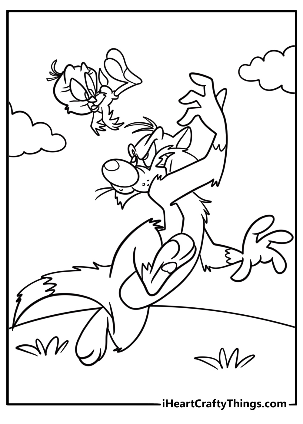 Tweety Bird escaping from Sylvester fun coloring page for kids