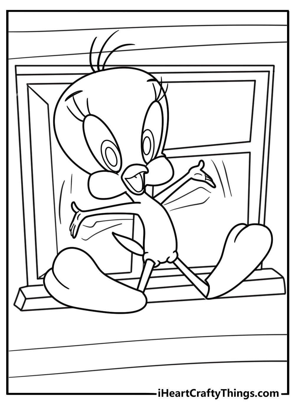 Tweety Bird flying through an open window coloring sheet