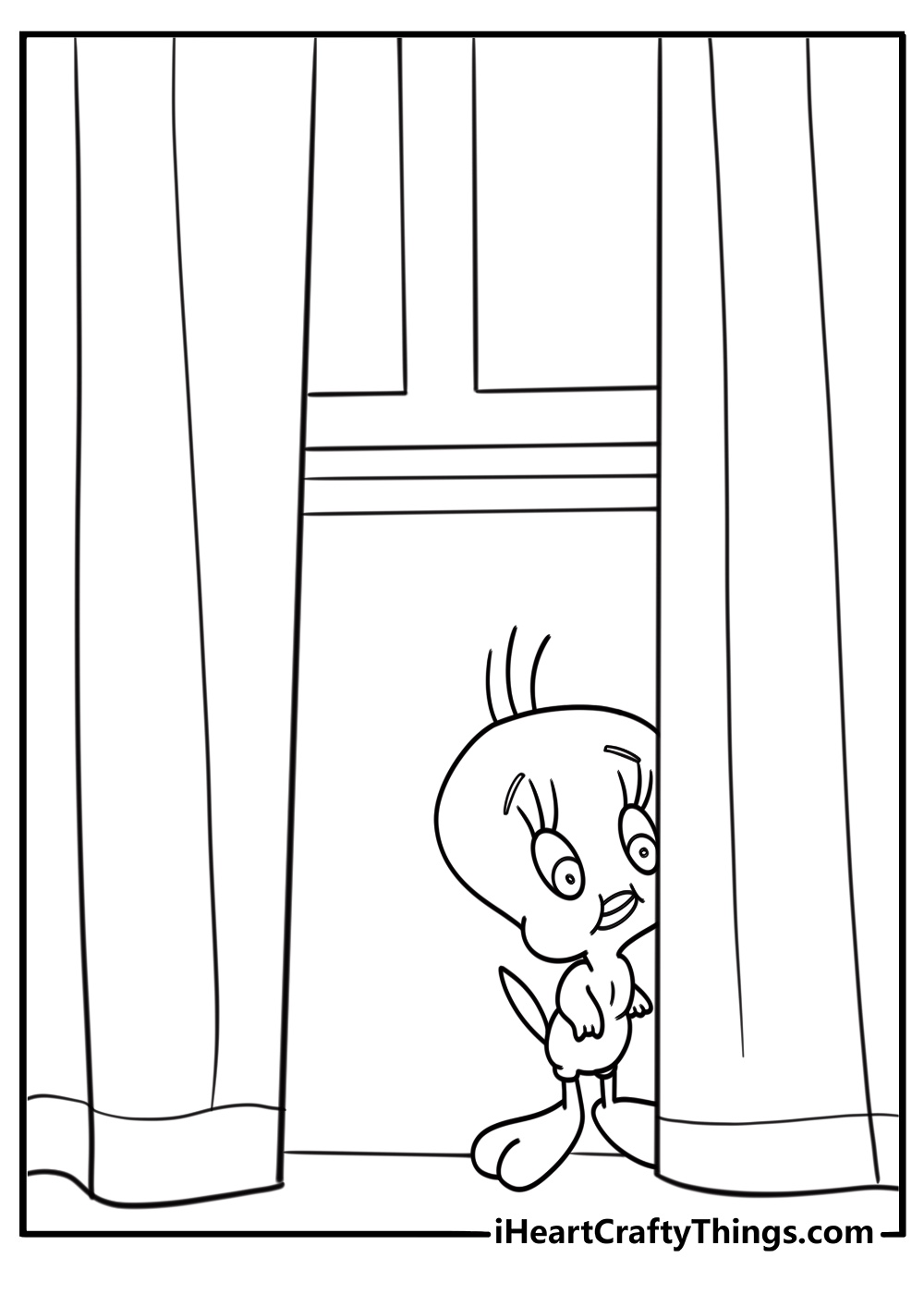 Tweety Bird hiding behind a curtain free coloring page pdf