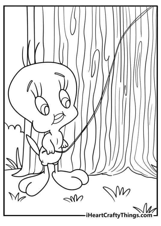Tweety Bird holding a piece of string tied to a trap coloring page pdf