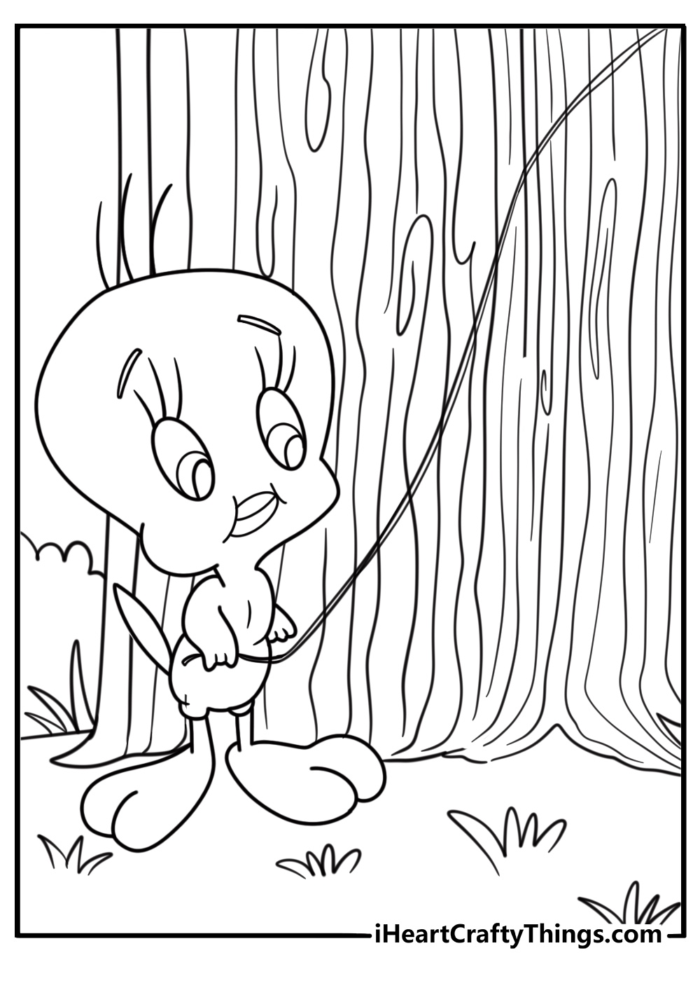 Tweety Bird holding a piece of string tied to a trap coloring page pdf