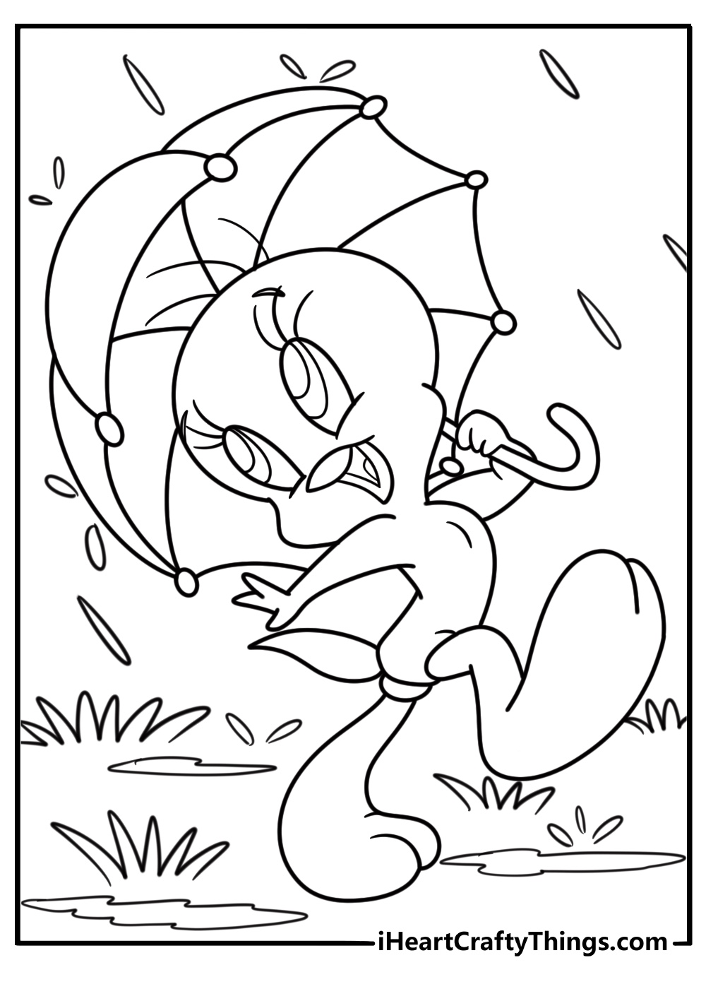 Tweety Bird holding an umbrella in the rain coloring sheet