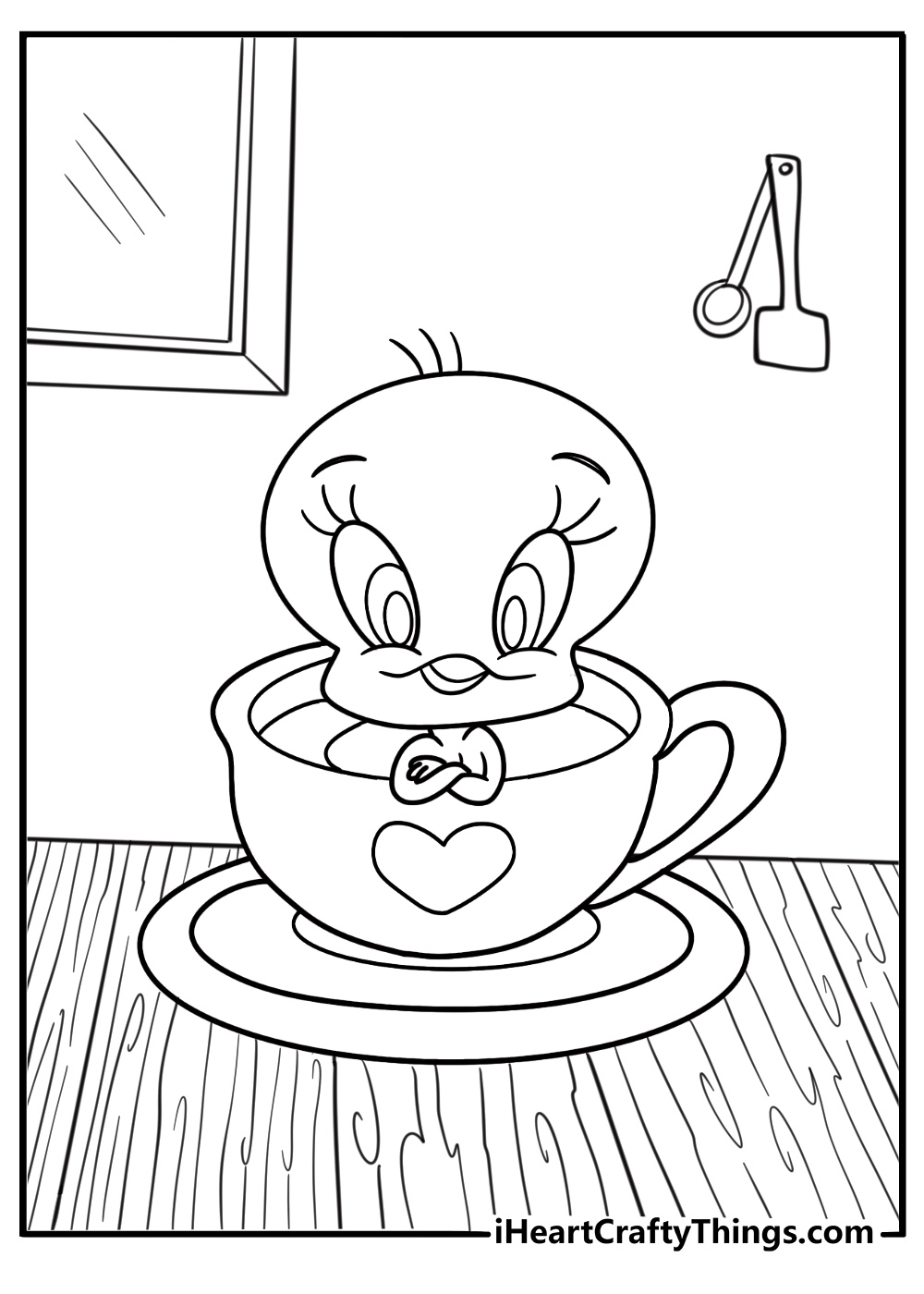 Tweety Bird inside a teacup on the kitchen table free coloring page