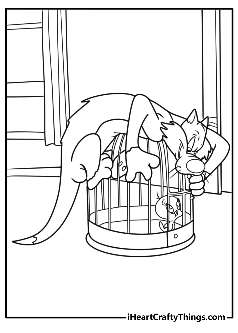 Tweety Bird looking at Sylvester through the bars coloring sheet