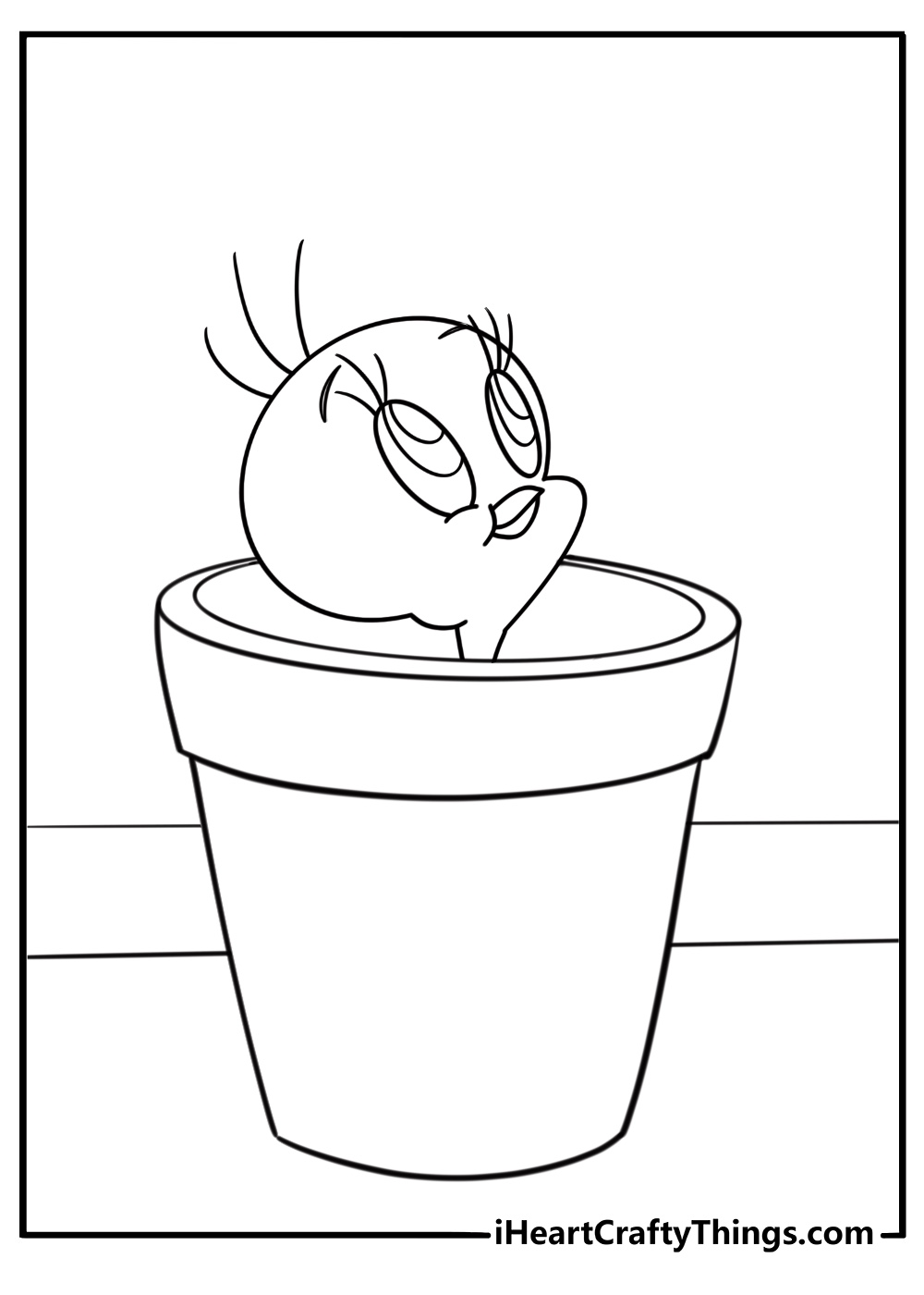 Tweety Bird peeking out of a flower pot printable coloring sheet