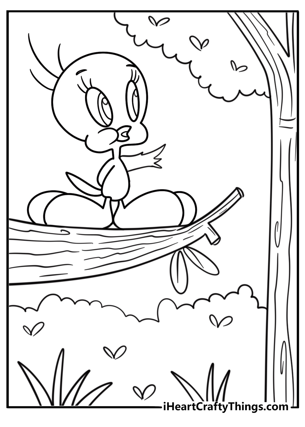 Tweety Bird perched on a tree branch coloring sheet for kids