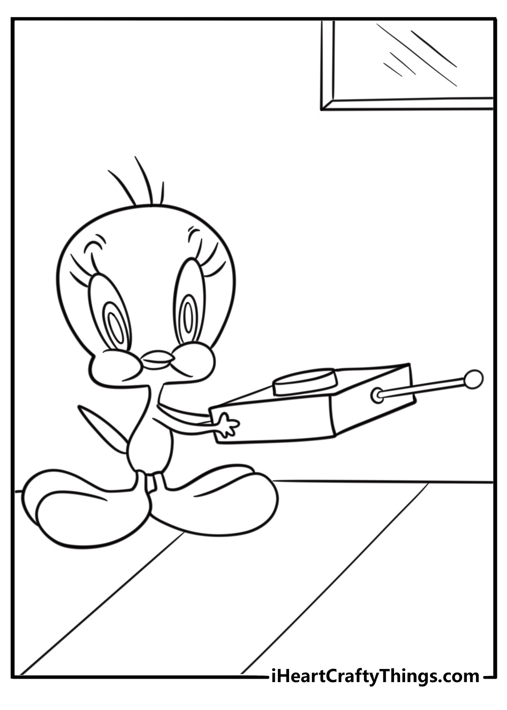 Tweety Bird pressing  a button that opens a trapdoor coloring page