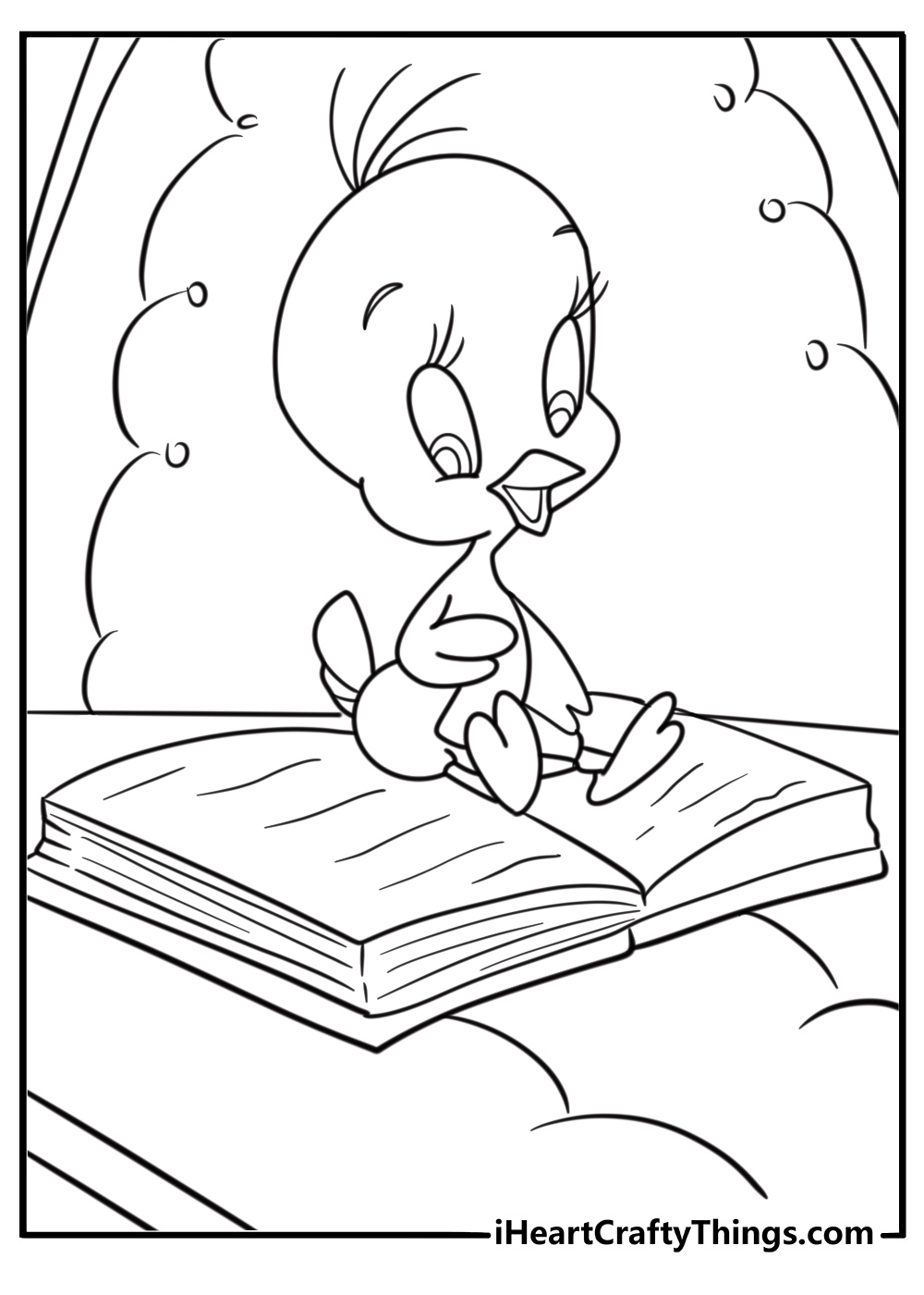Tweety Bird reading a big book in Granny's chair coloring sheet