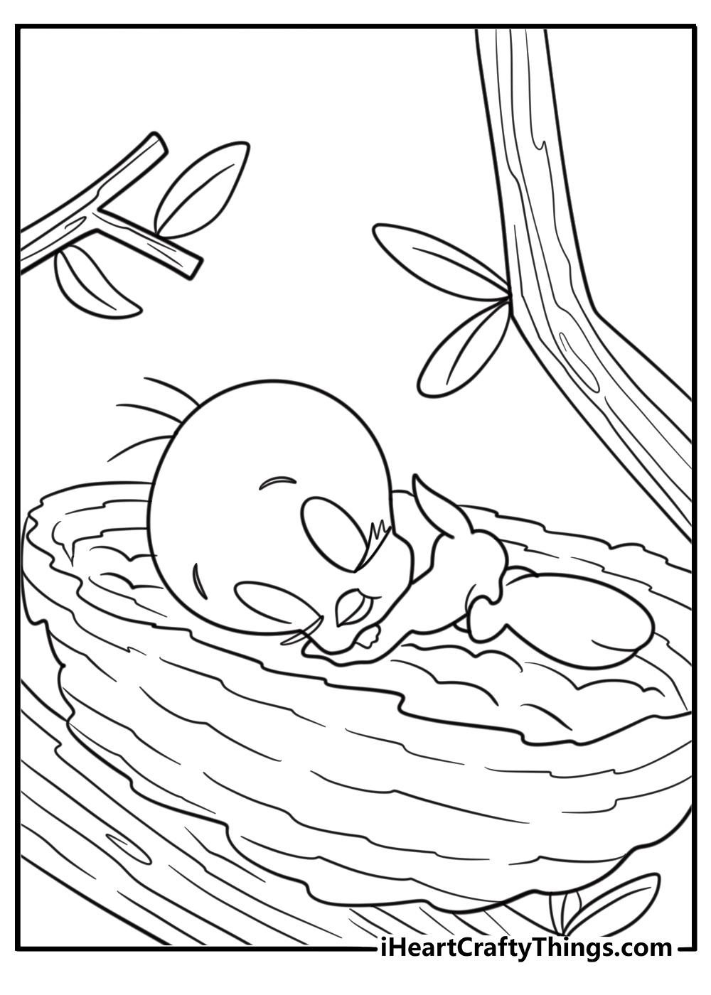 Tweety Bird sleeping in a small nest coloring sheet for kids