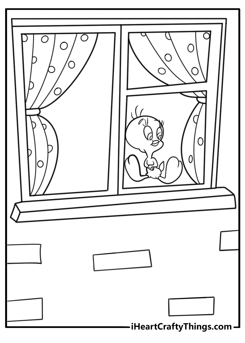 Tweety Bird standing on a windowsill watching outside coloring page