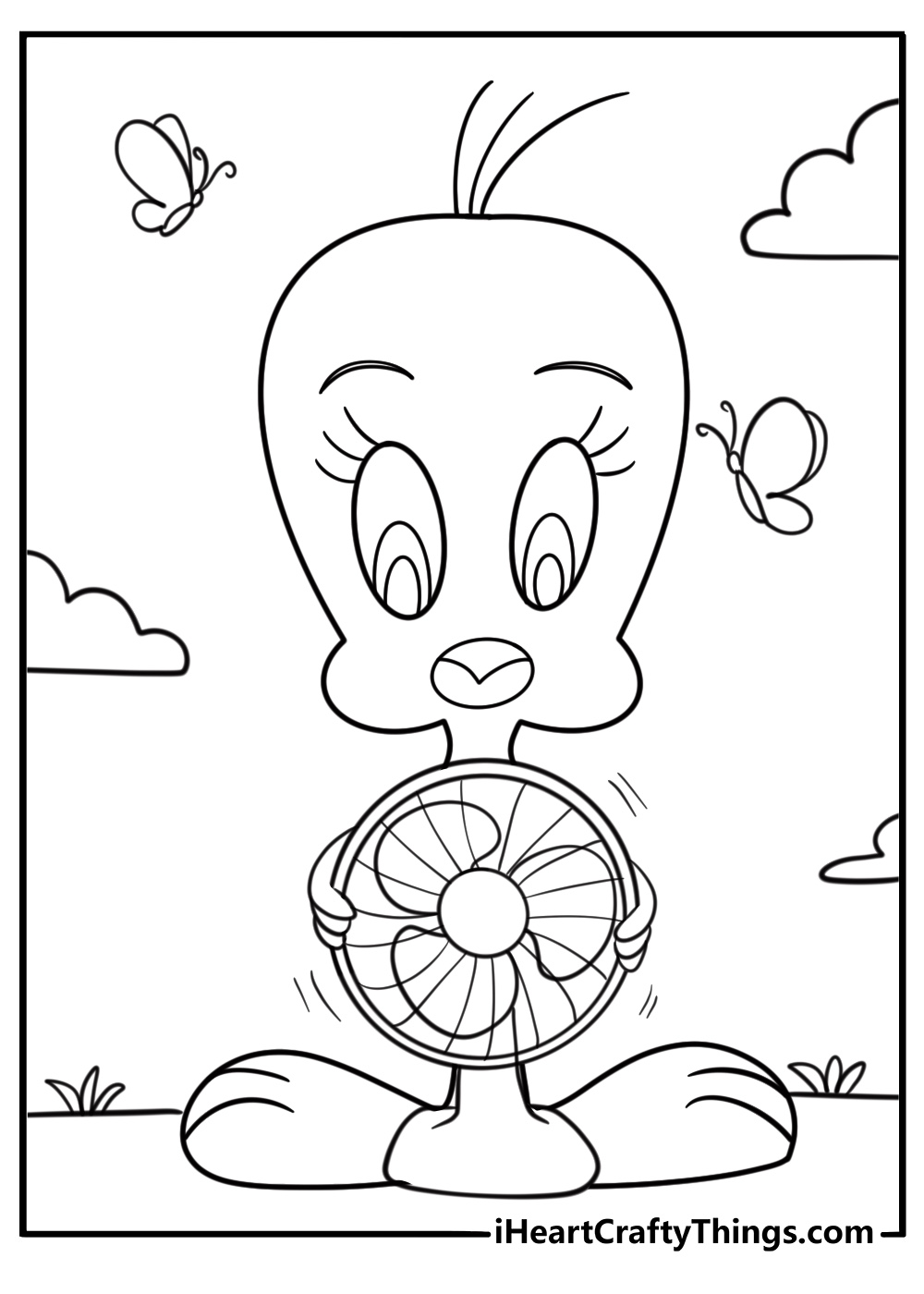 Tweety Bird using a fan to blow something away printable coloring page