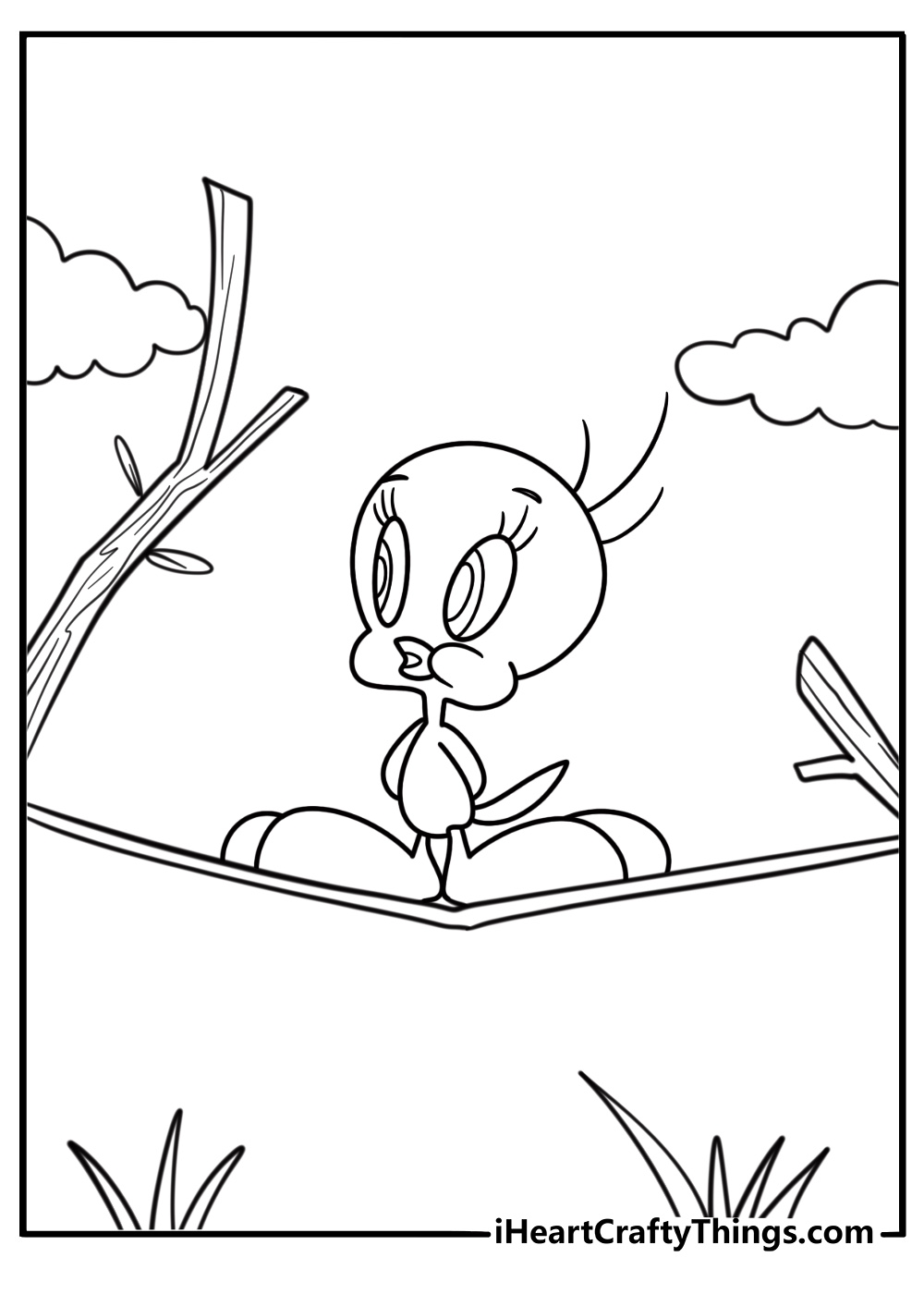Tweety Bird walking across a wire free printable coloring page