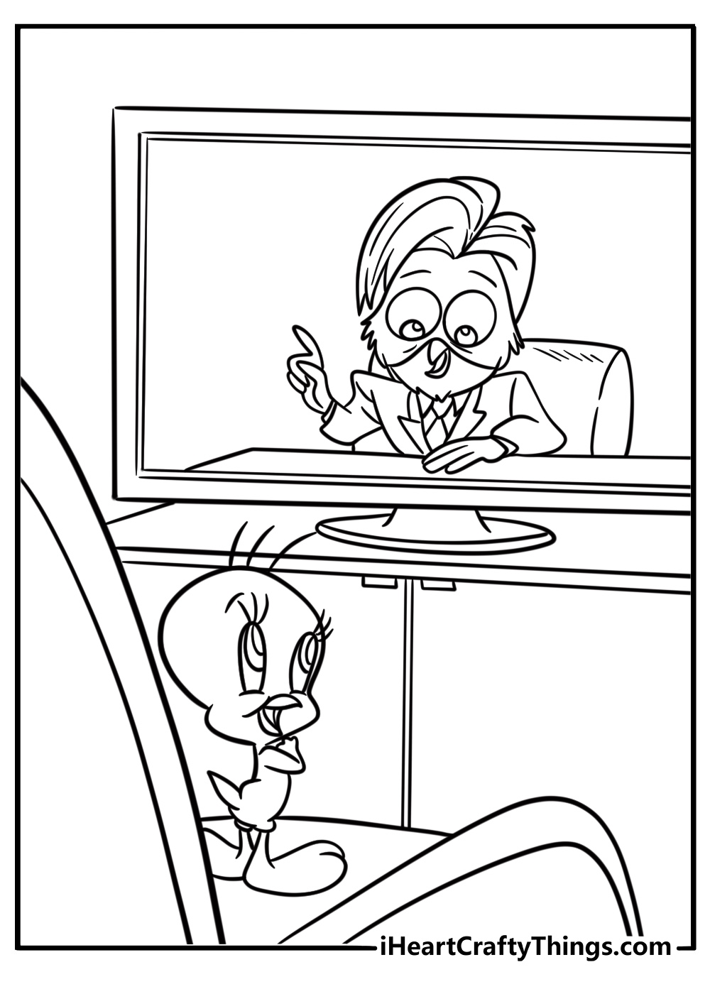 Tweety Bird watching TV with a confused look coloring sheet