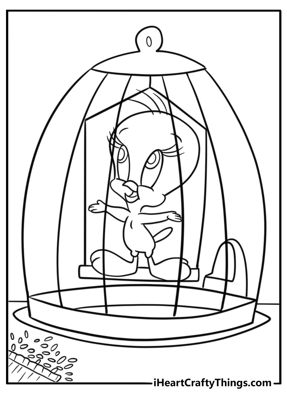 Tweety Bird with a bag of birdseed next to his cage coloring page