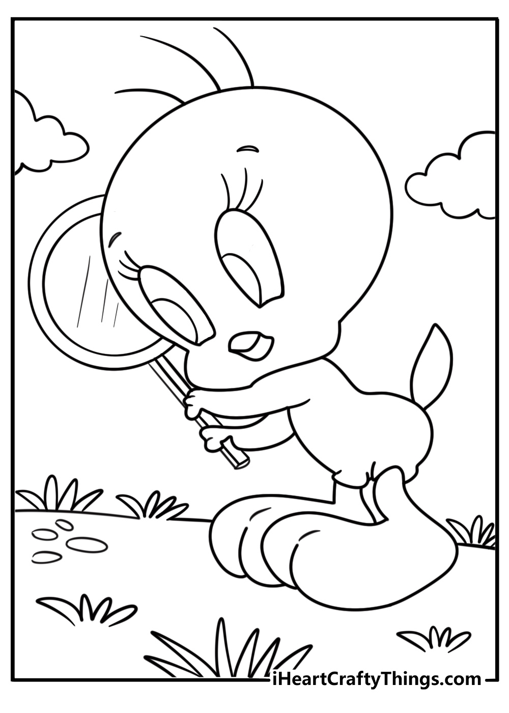 Tweety Bird with a magnifying glass investigating printable coloring page