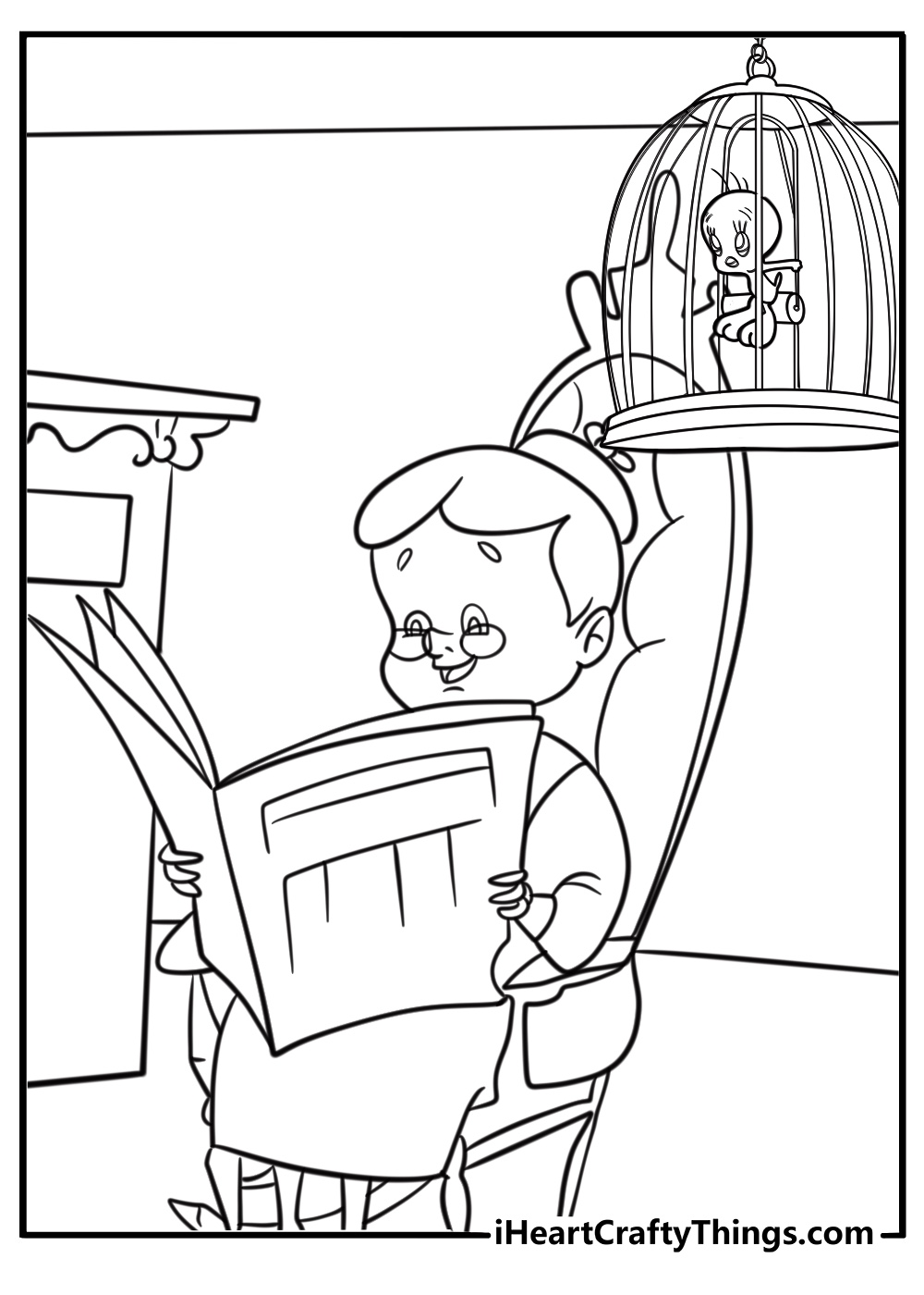 Tweety Bird with Granny in he living room detailed coloring sheet