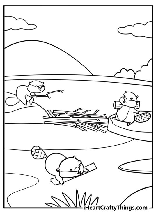 Two beavers working together on a dam coloring sheet