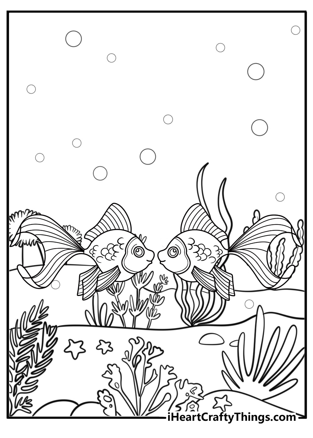 Two goldfish facing each other in water coloring sheet