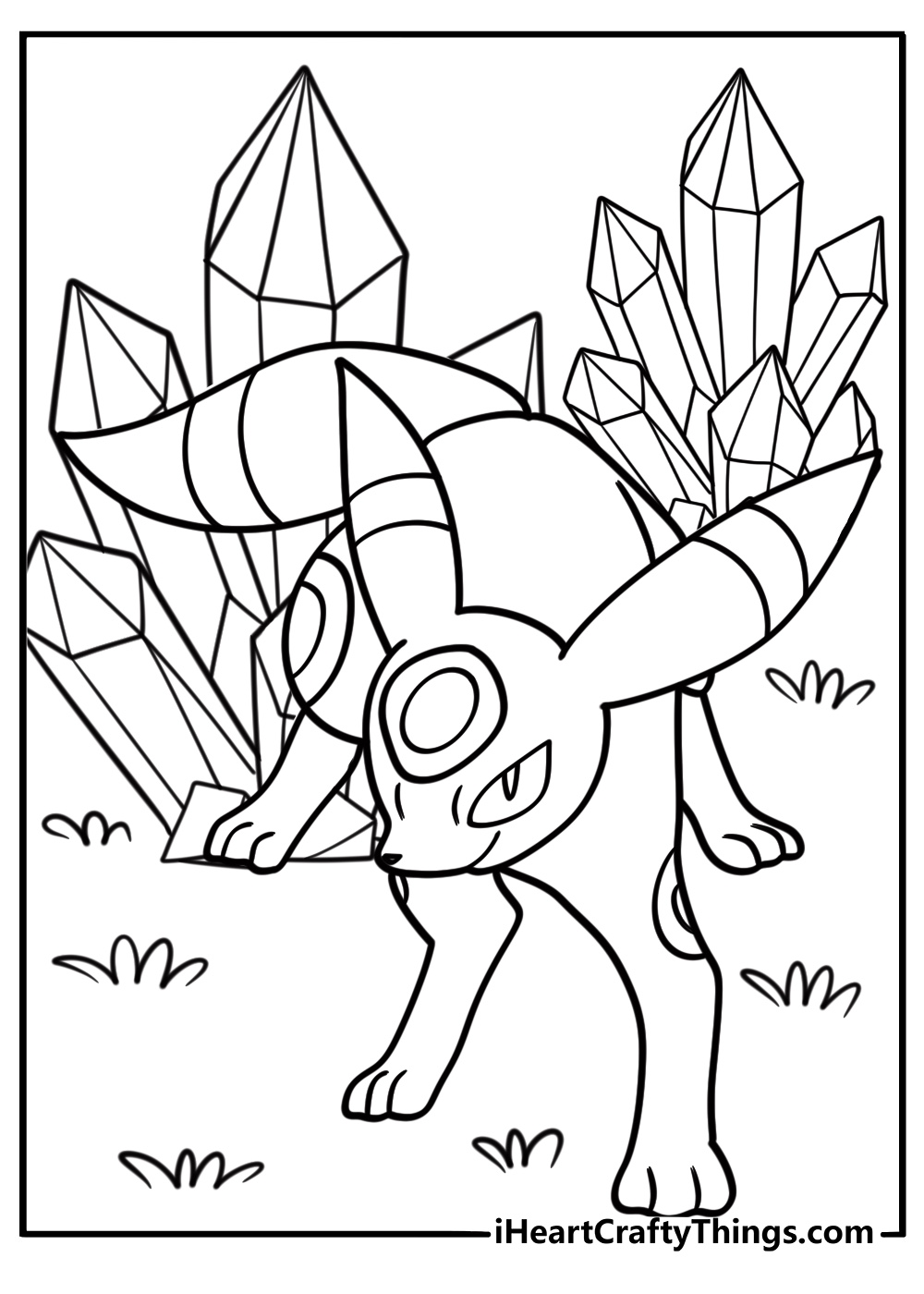 Umbreon beside glowing crystals coloring page