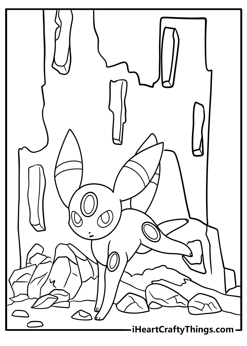Umbreon near ancient ruins at night coloring page