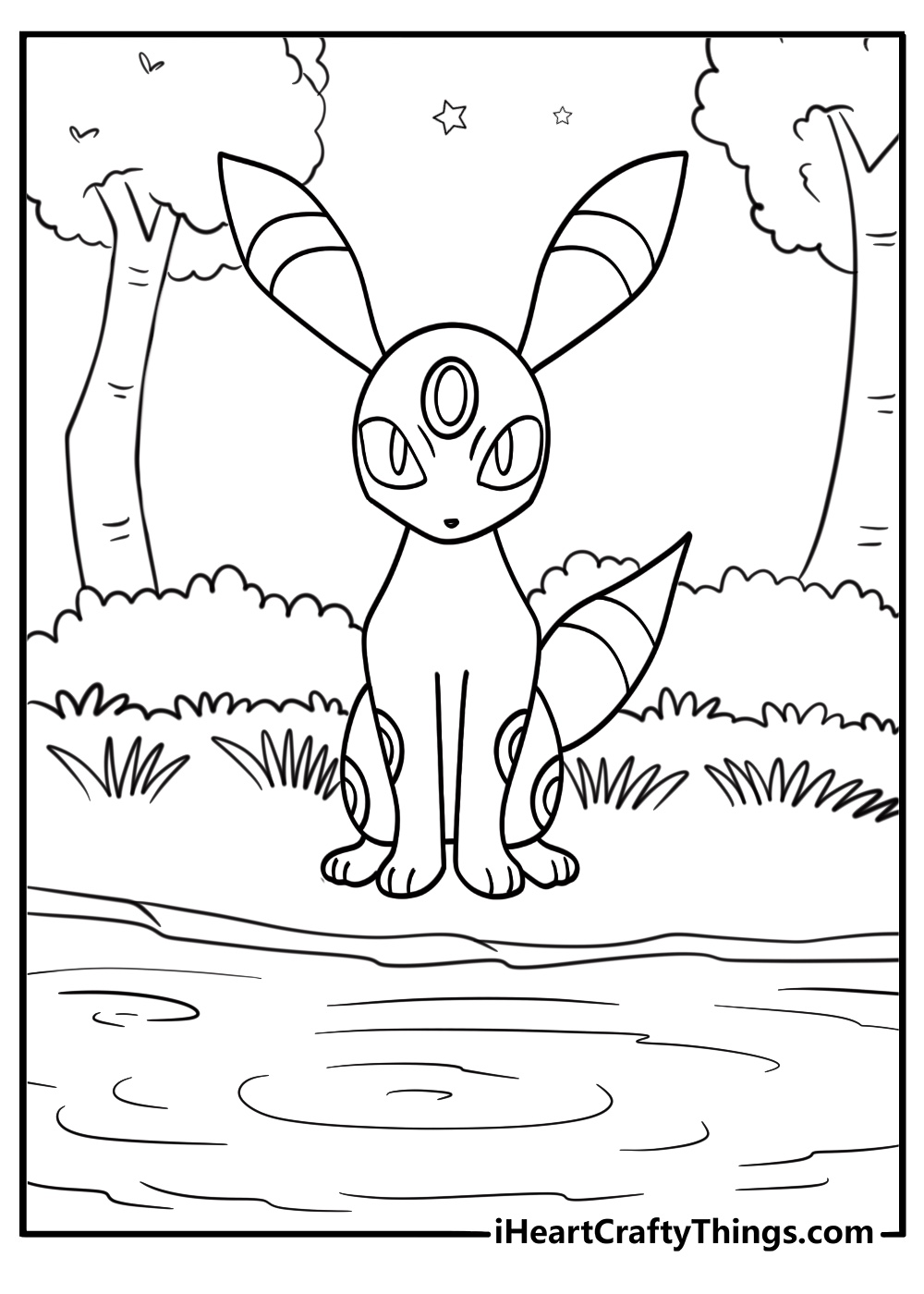 Umbreon sitting beside a quiet lake coloring page