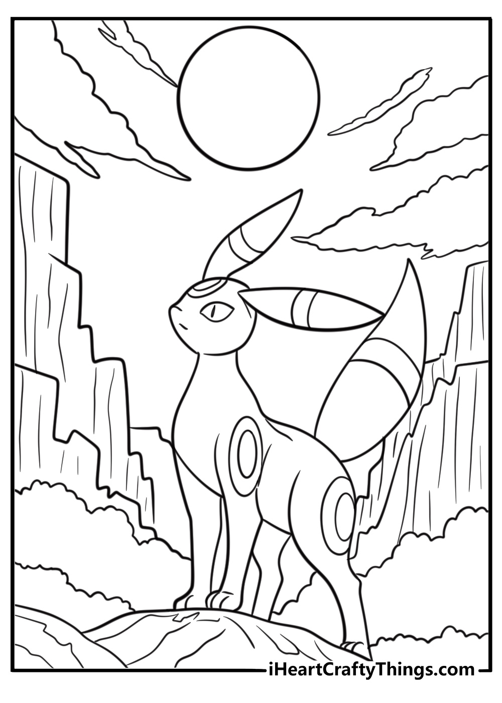 Umbreon standing on a cliff at night coloring page