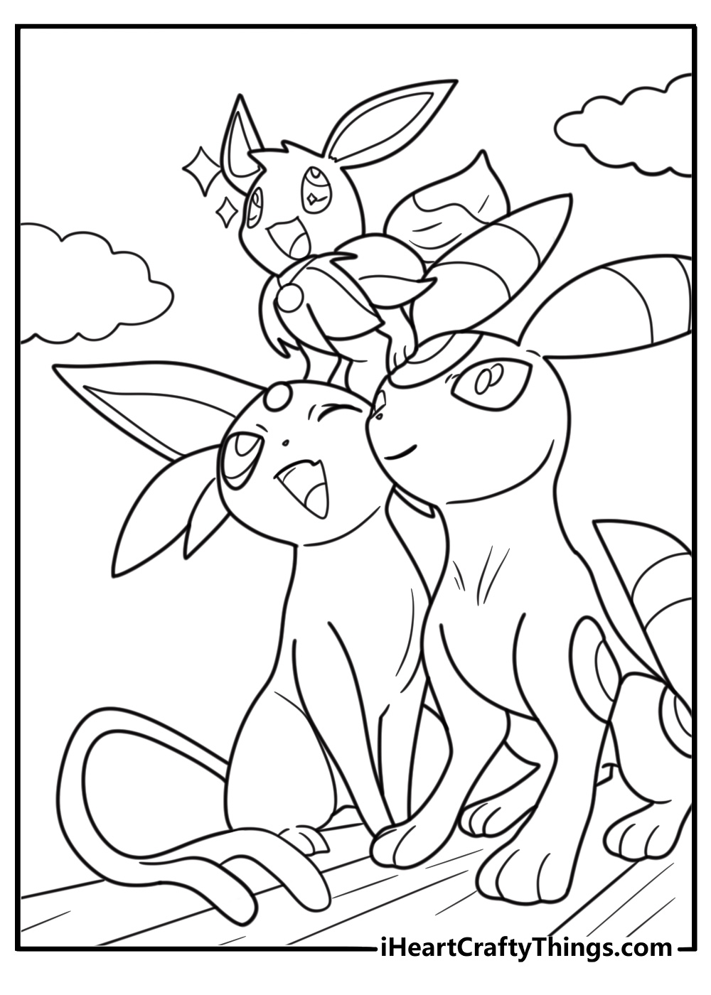 Umbreon standing with other Eeveelutions coloring page