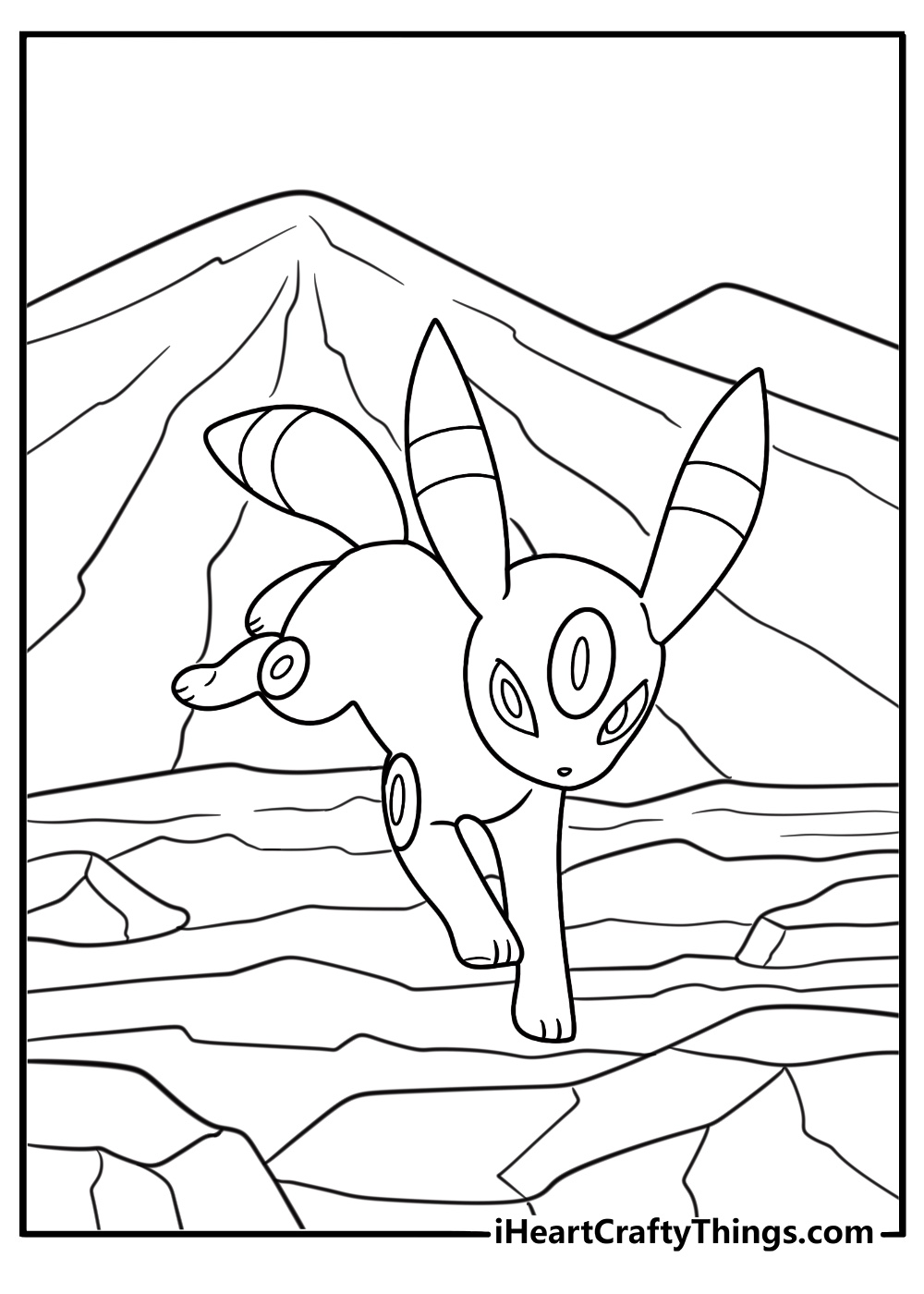 Umbreon walking on a mountain trail coloring page