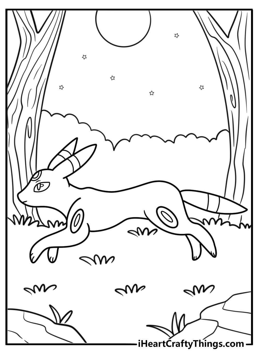 Umbreon walking quietly in the moonlit woods coloring page