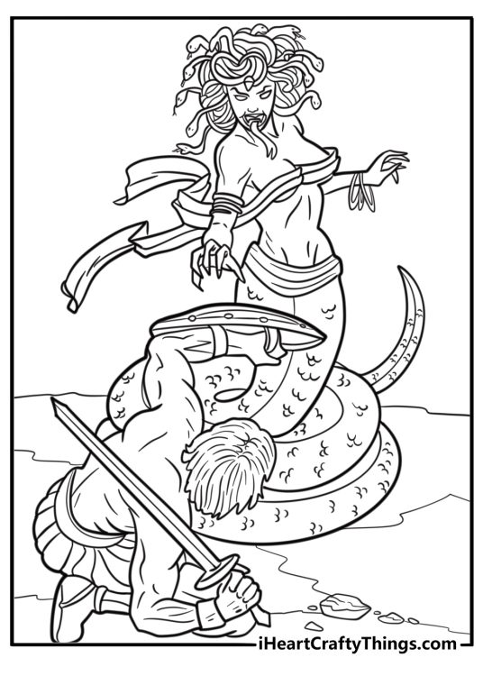 Warrior acing Medusa with shield coloring sheet