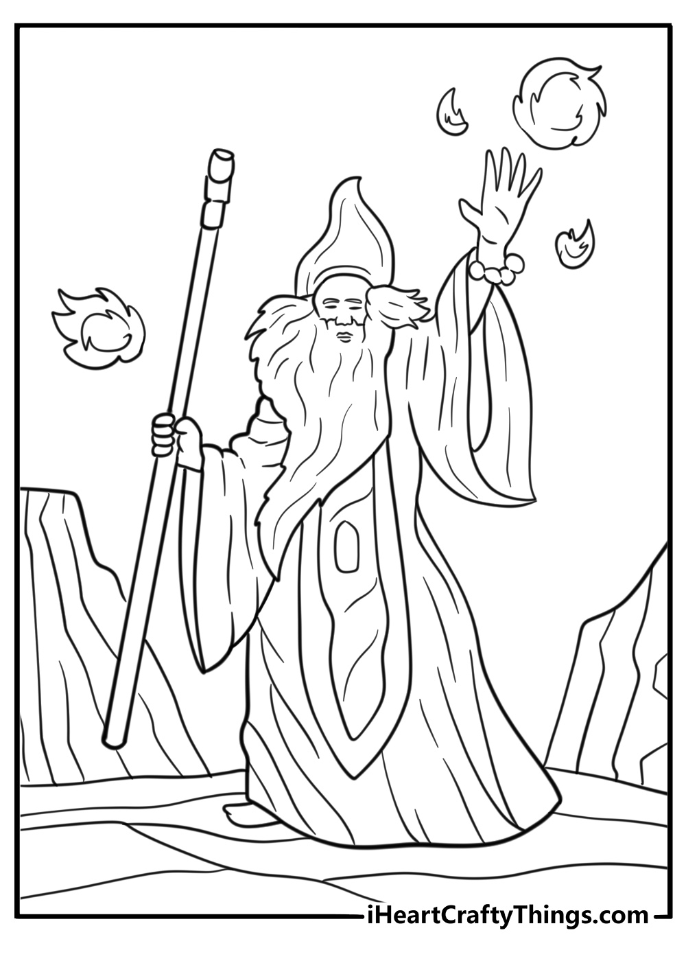 Wizard casting a fireball spell with a staff coloring page