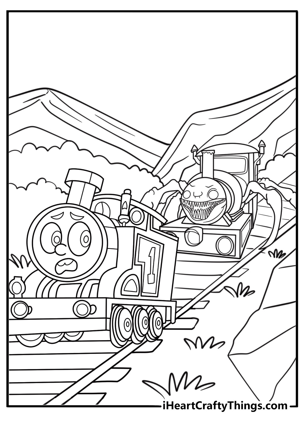 Wrecked train car attacked by Choo Choo Charles in the forest coloring page