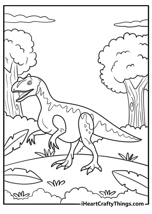 Young Allosaurus exploring a dense jungle coloring page