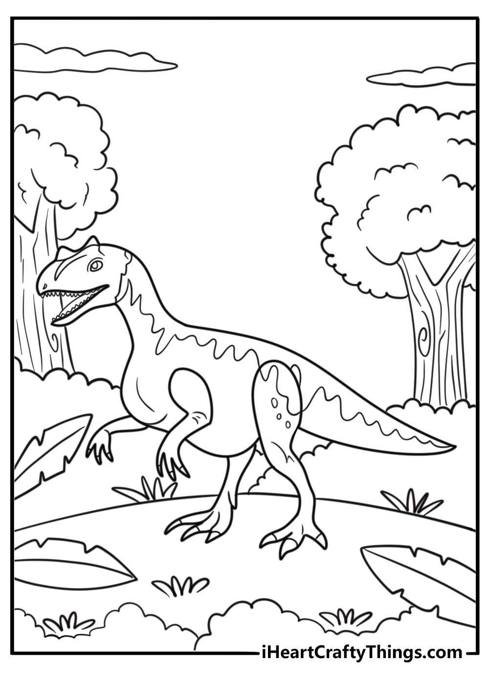 Young Allosaurus exploring a dense jungle coloring page