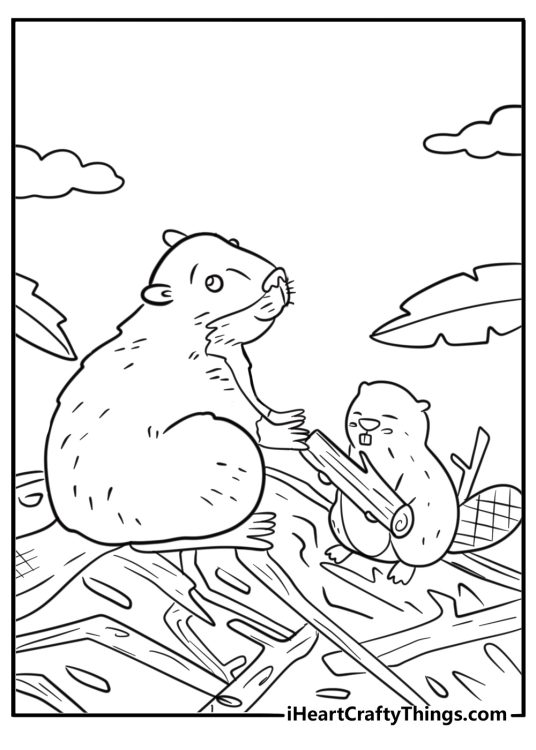 Young beaver helping build the dam with its parents free coloring page PDF
