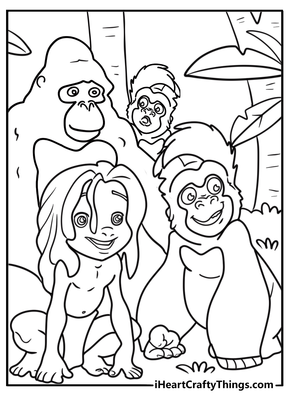 Young Tarzan with a group of apes coloring page