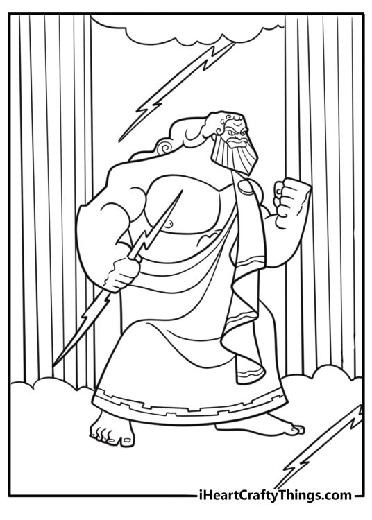 Zeus surrounded by lightning bolts in Mount Olympus coloring page