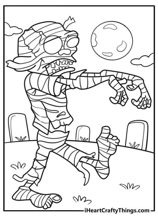 Zombie-like mummy walking at night coloring sheet